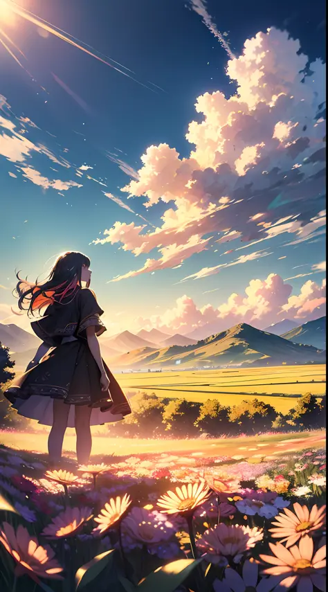 A wide-landscape photo, with the blue sky above and an open field below. In the field, a girl is standing, immersed in a sea of colorful flowers, looking up. The bright sun (1:2) is radiant in the sky, scattering its rays of golden light throughout the sce...