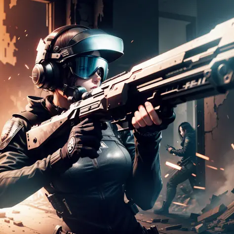 beautiful woman in techwear, fighting a dark force, shooting with a rifle through a broken window of a run down house, explosions around, intricate details, horror art, dark, comic book style