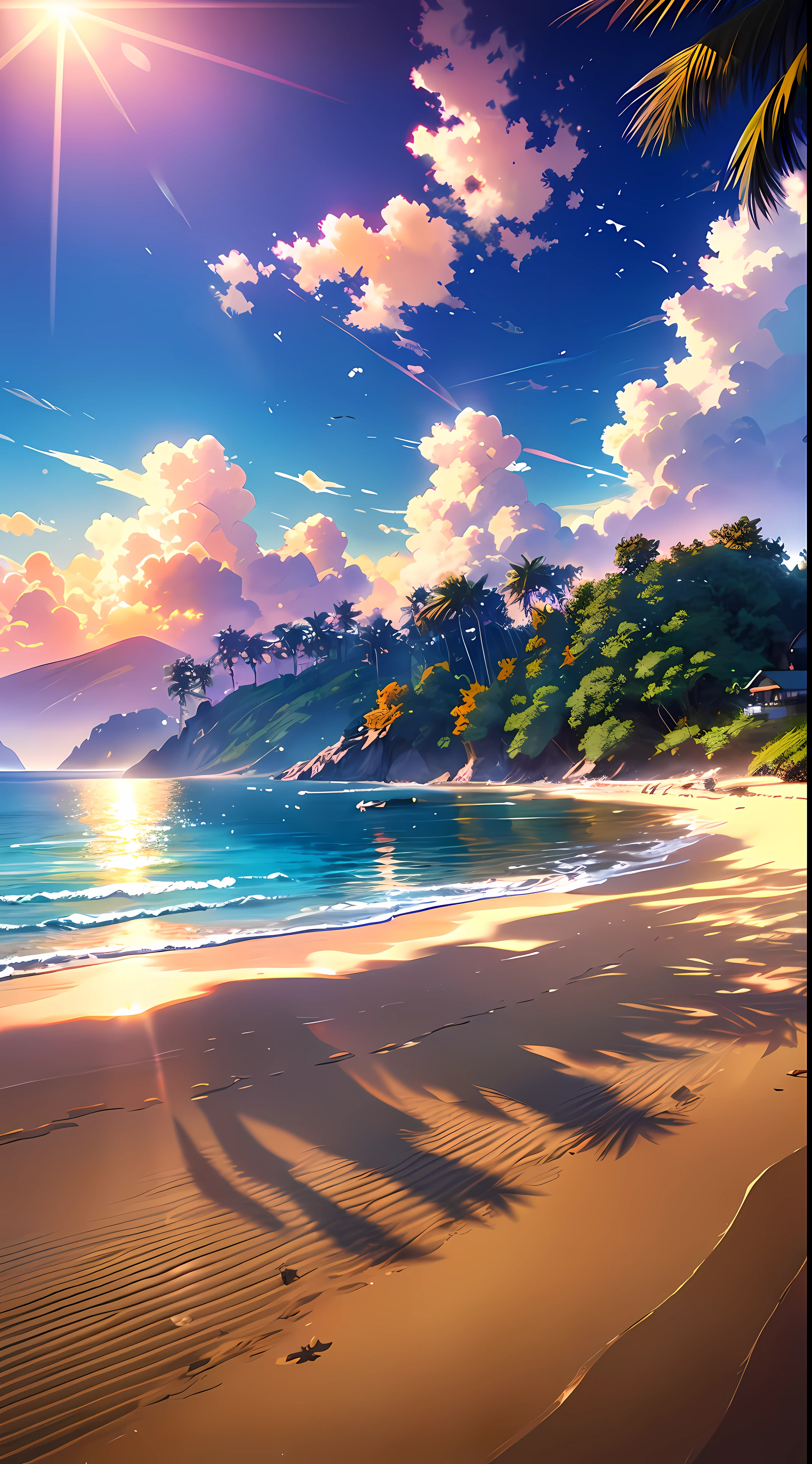 A wide-ranging landscape photo, captured with a stunning view of the beach, with the blue sky and the open countryside of the coastline below. On the golden sand, a girl is standing, barefoot, looking up. The bright sun (1:2) is radiant in the sky, scattering its rays of golden light throughout the scene. In the distance, distant mountains can be seen along the coast, adding a sense of serenity. BREAK Crafting Art tropical trees frame the beach, providing soft shade and a picturesque natural frame. The warm light (1.2) of the sun bathes the scene, creating a vibrant color palette, with shades of purple and orange blending harmoniously. Intricate details and volumetric lighting BREAK (Masterpiece: 1.2) highlight the stunning beauty of the place. The image quality is 4K, ultra detailed, capturing each element perfectly. The dynamic composition (1.4) gives movement and fluidity to the image, while vivid colors and a rainbow (1.2) add a magical touch. The brightness of the sun reflected in the water and the atmospheric lighting create an atmosphere of dream and tranquility. The soil (1.2) is rich in detail and texture, conveying the feeling of walking on the warm sand of the beach.