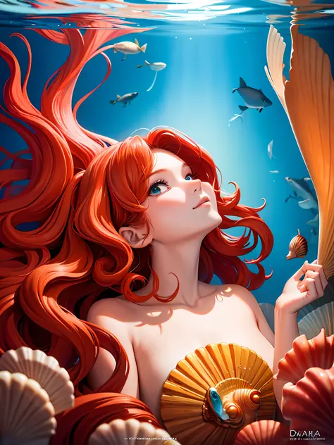 a mayan in underwater, red long curly hair, fishes, portrait, shell