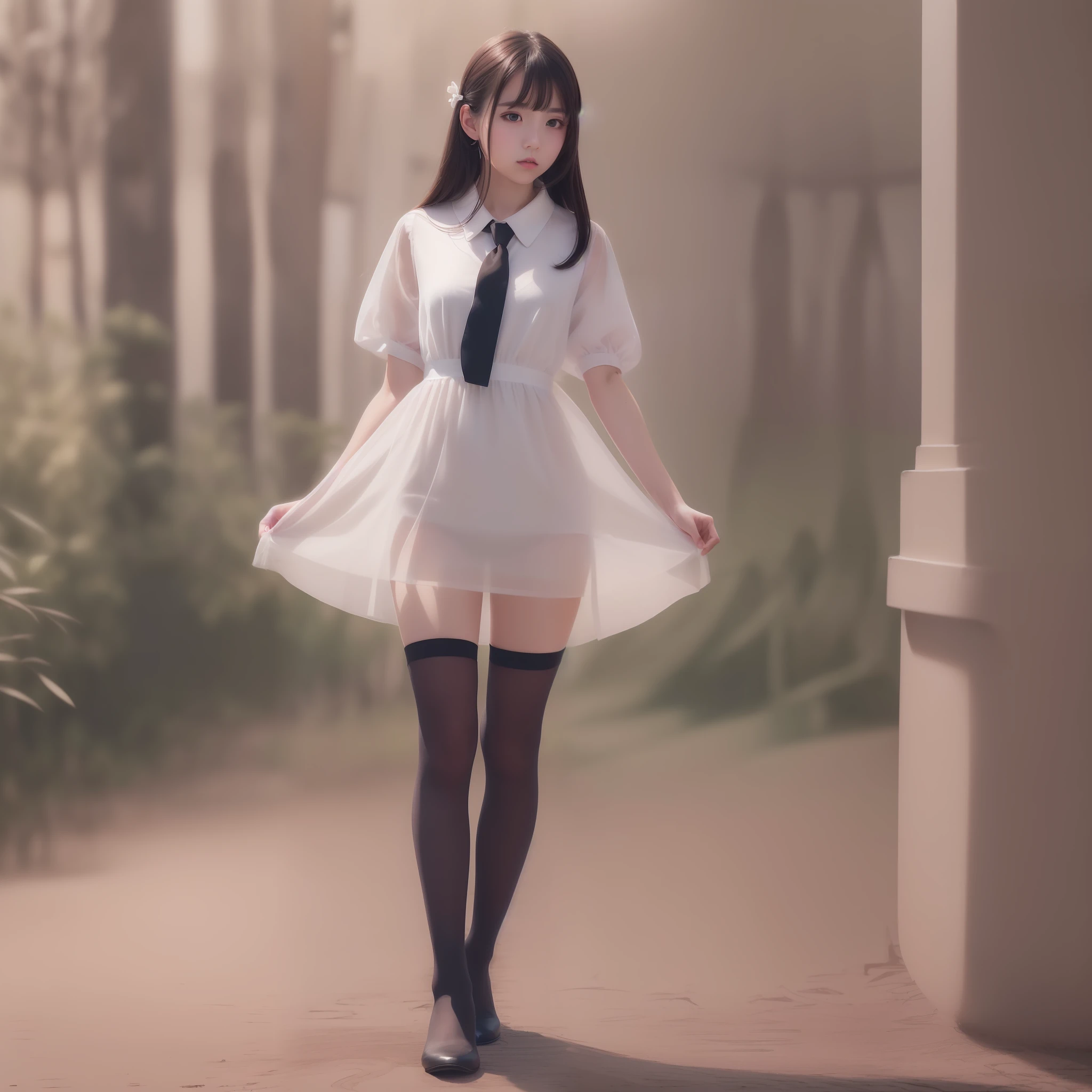 1 girl, full body, indistinct, detailed clothes, black tights, indistinct, dress white shirt, (delicate illustration:1.4),(masterpiece:1.0), (best quality:1.4), (ultra highres:1.2), (photorealistic:1.4), (8k, RAW photo:1.2), (soft focus:1.4), (18yo:1.3), (sharp focus:1.4), detailed beautiful face