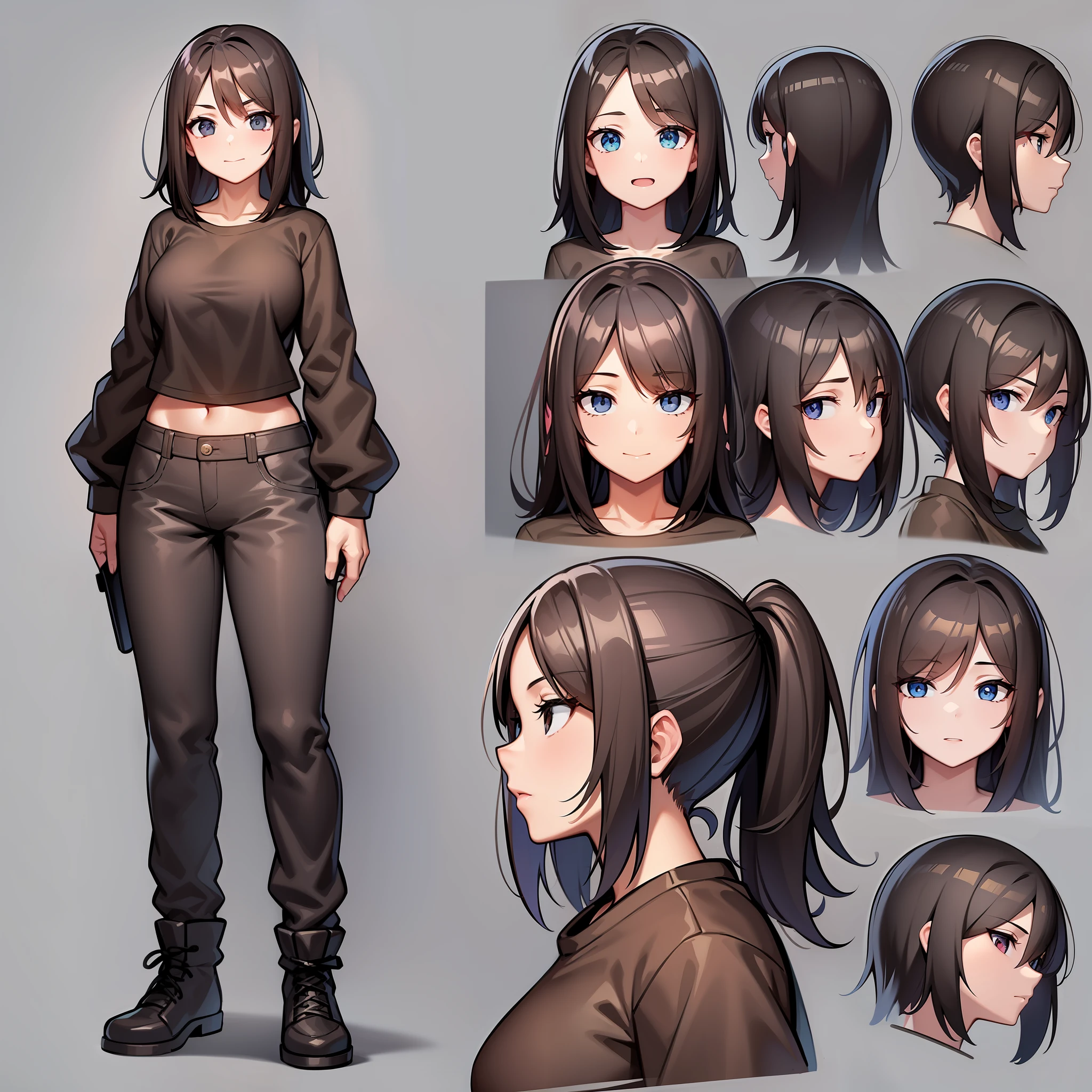 角色设计参考表, 棕色中长发女孩, 黑色 T 恤