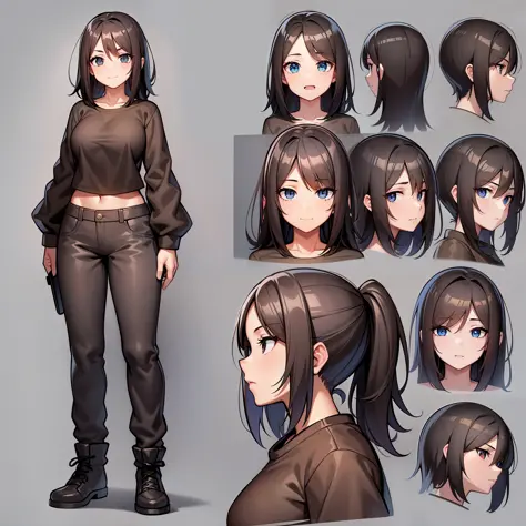 character design reference sheet, a girl with brown medium hair, black t-shirt