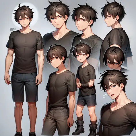 character design reference sheet, a boy with brown hair, black t-shirt, jean