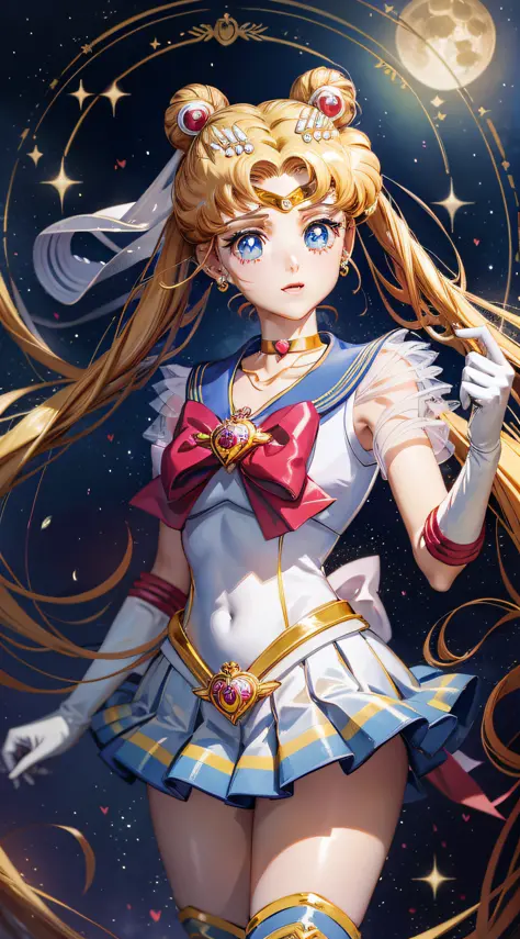 Masterpiece, best quality, (1 girl), super sailor moon, cowboy lens, night sky, moonlight, night, white gloves, blue eyes, galaxy background, multicolored clothes, school uniform, blue skirt, hair ornament, red bow, brooch, heart brooch, earrings, crescent...