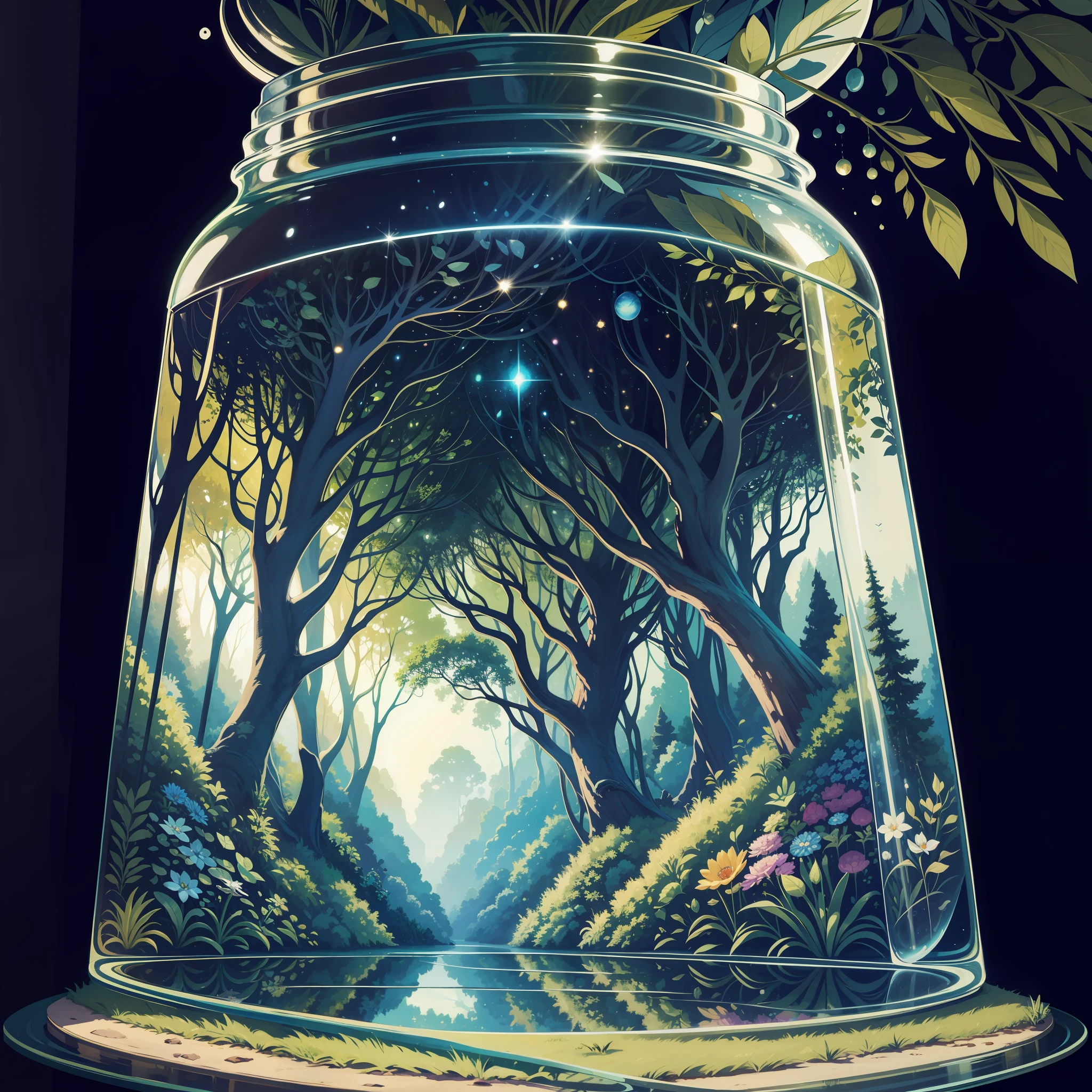 A delicate glass jar holding a tiny planet covered in lush forests and sparkling rivers. The vivid and vibrant colors portray an exotic landscape full of life.