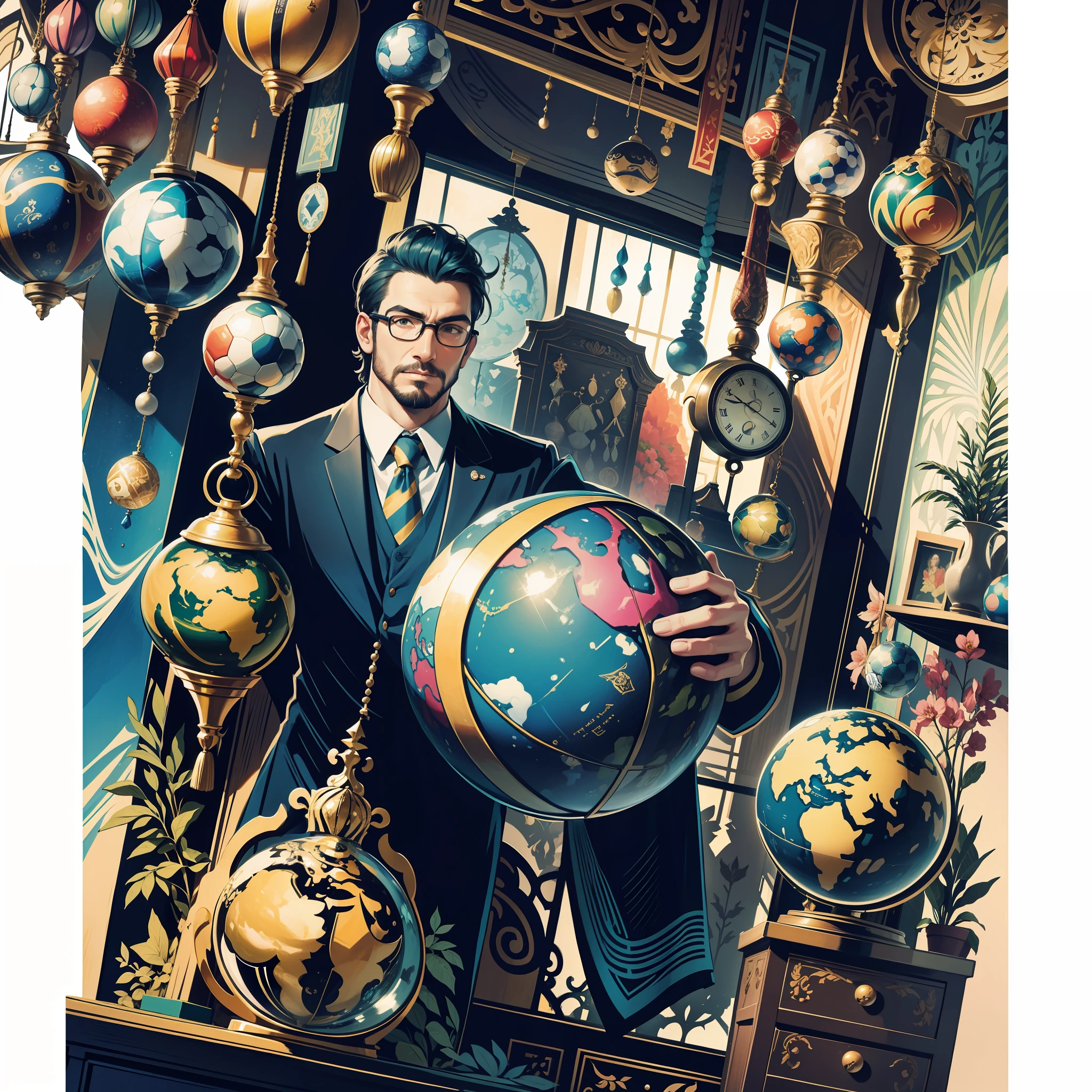 A football-sized globe, hanging in the room, depicting a vibrant exoticism in color, against the background of a man with glasses.