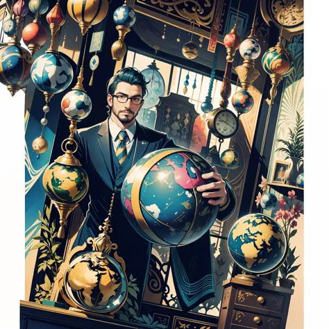 A football-sized globe, hanging in the room, depicting a vibrant exoticism in color, against the background of a man with glasse...