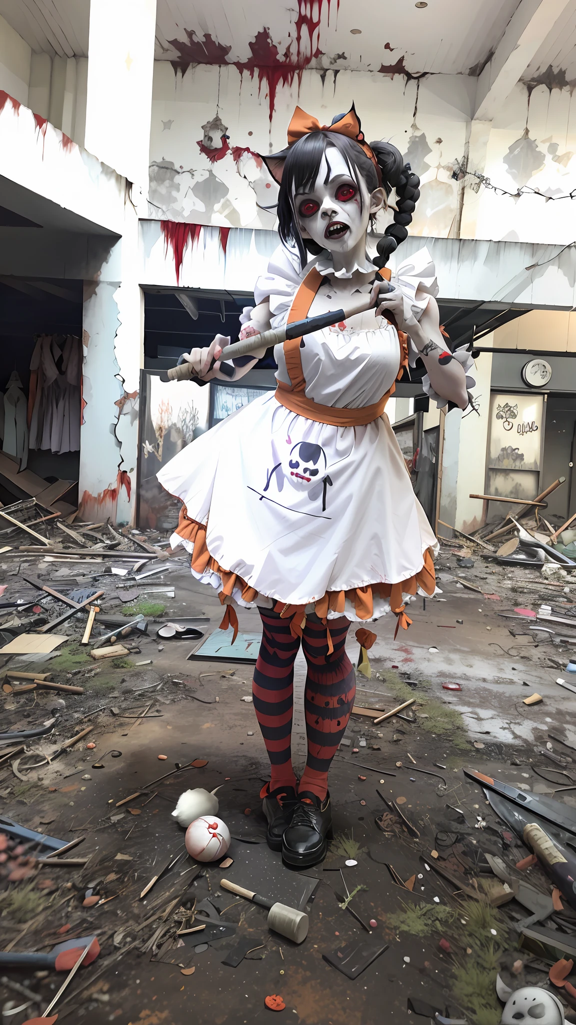 Araffe dressed in a costume holding a baseball bat in a building - SeaArt AI