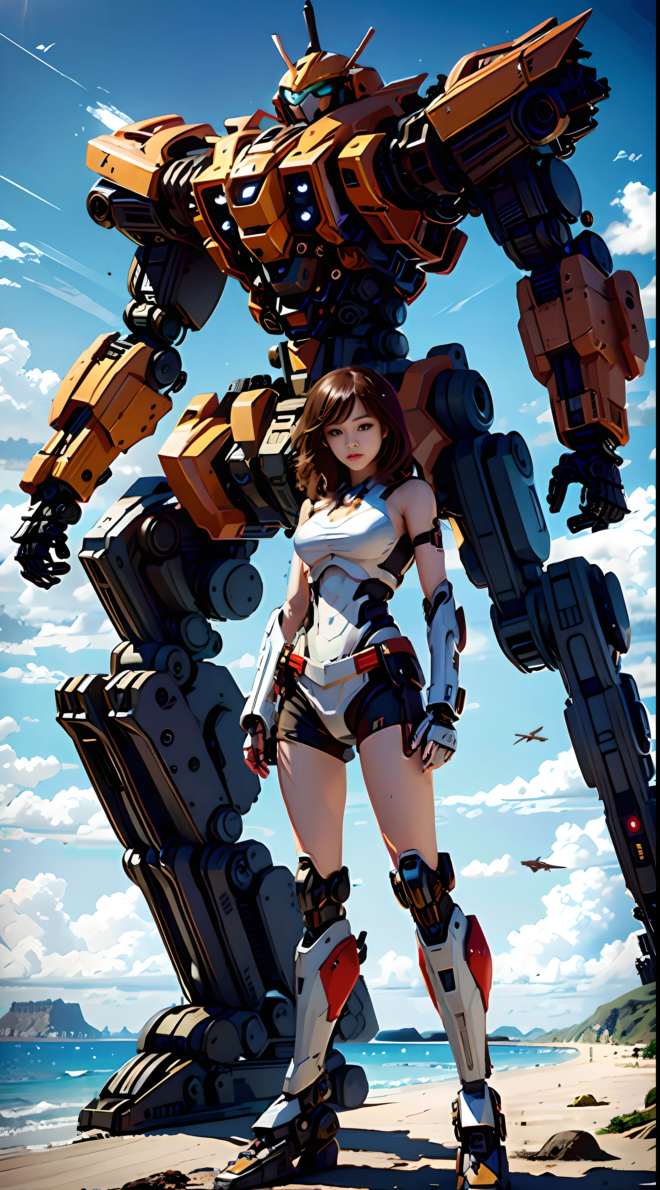 Arafed woman in a bikini standing next to a giant robot - SeaArt AI