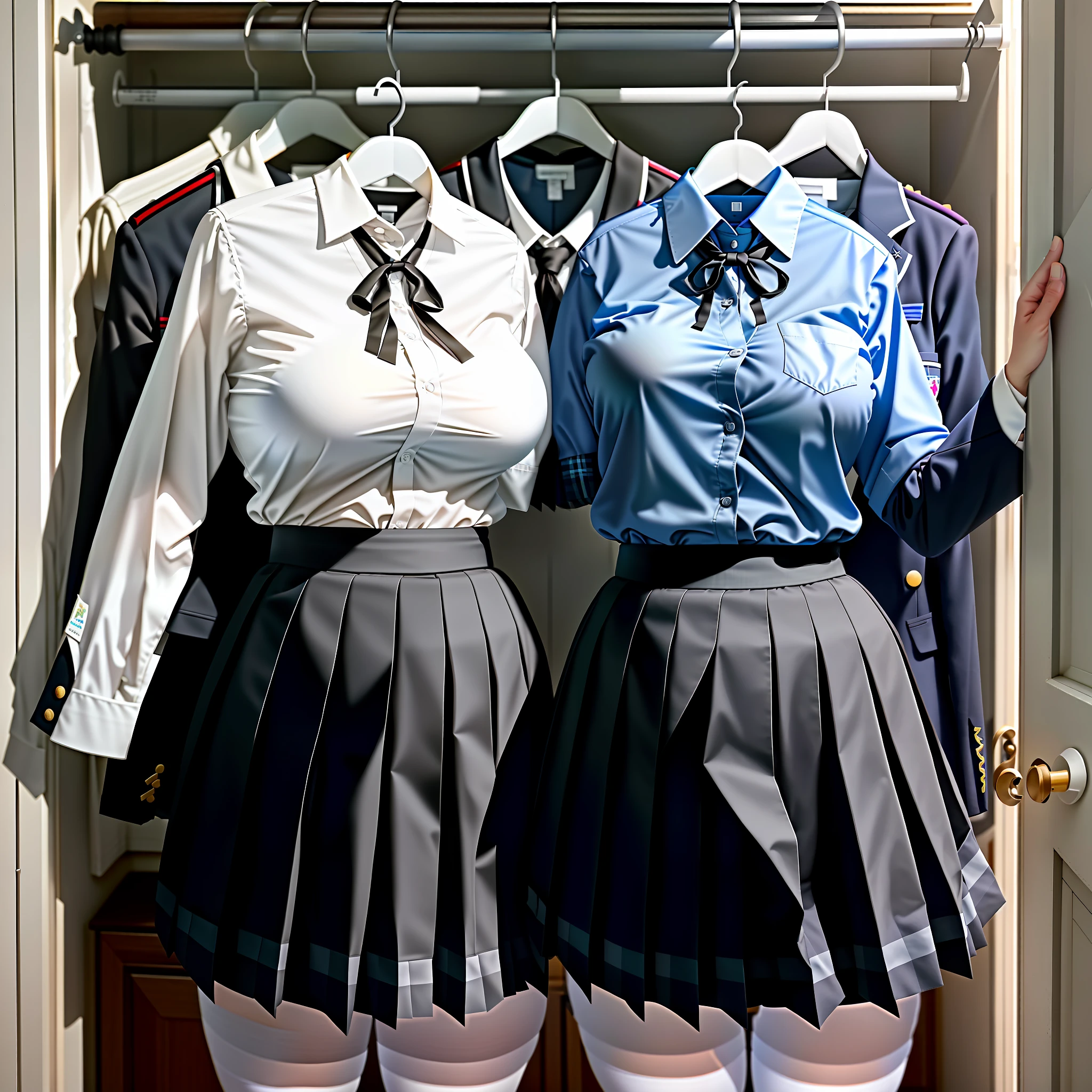 Two women in uniform are standing in front of a closet - SeaArt AI