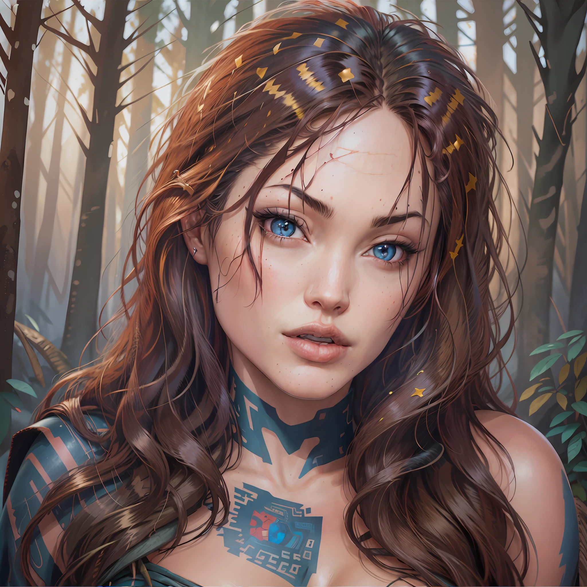 A woman with tattoos on her chest and chest in the woods - SeaArt AI