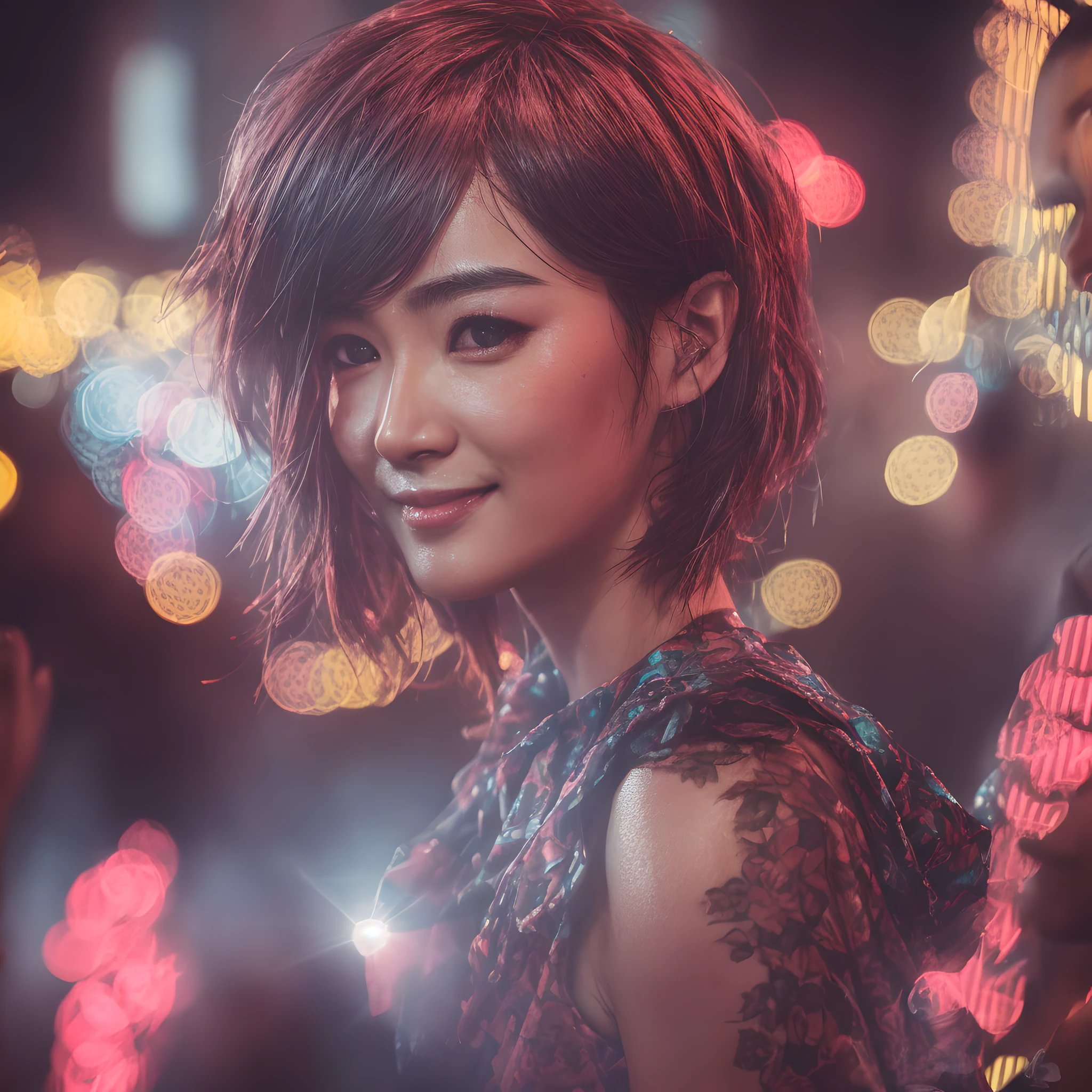 DSLR photo, Raw photo, (close-up:1.3), of woman, face, eyes, (close up:1.3), ADA WONG, smile, dancing crowd in background, cyan light, dark, 8k, contrast, detailed, intricate, UndergroundClub, soft lighting, realistic, hard shadow, masterpiece, best quality, neon sign