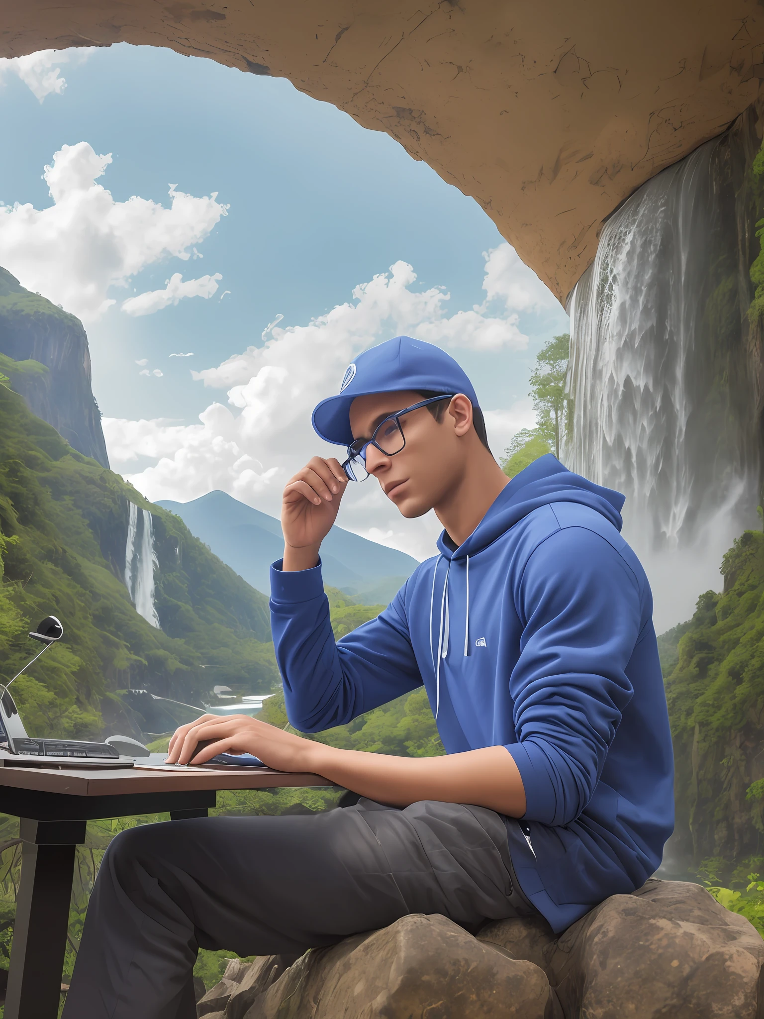 This image depicts a fair-skinned young man, wearing blue glasses and a black cap, sitting next to a computer. His serious and concentrated expression indicates that he is immersed in his studies, while the clouds symbolize the abundance of thoughts in his mind looking at waterfalls and mountains or horizons. --auto --s2