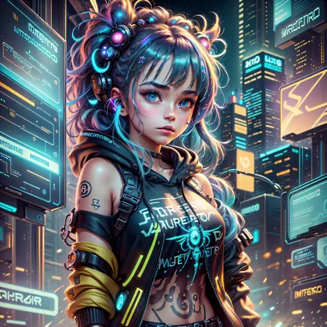 (masterpiece), best quality, ultra high resolution, little girl, cyberpunk 1girl flying over stunning cityscape, hoodie, blue ha...