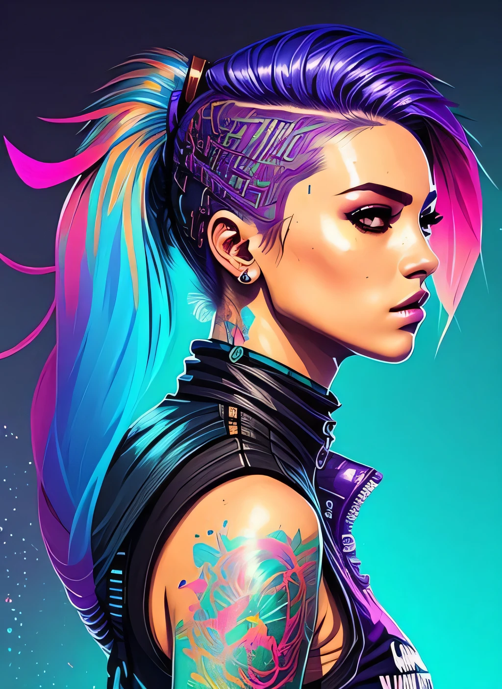 swpunk style synthwaveaward winning half body portrait of a woman in a croptop and cargo pants with ombre navy blue teal hairstyle with head in motion and hair flying, paint splashes, splatter, outrun, vaporware, shaded flat illustration, digital art, trending on artstation, highly detailed, fine detail, intricate
