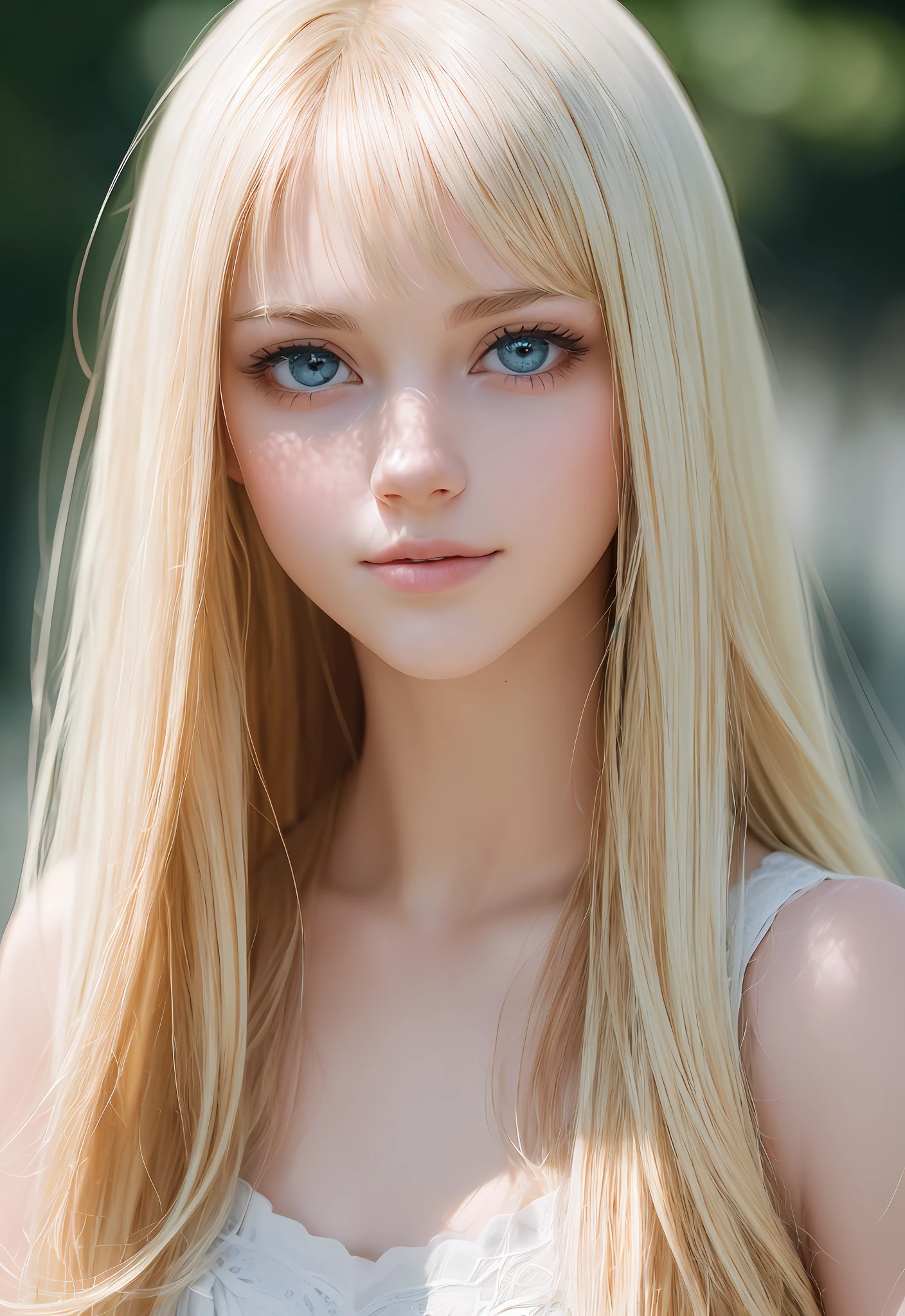 RAW photos, (((Portrait of extreme beauty))), shiny cheeks shiny skin, (((Radiant white beautiful skin)), 1 girl, 18 years old pretty beautiful girl in Prague, (Lustrous bright blonde hair))), [Attractive shiny big blue eyes], Shining silky fine hair, Straight super long hair - , eyeliner, beautiful bangs, hair between eyes, smile, ((masterpiece, top quality, super detail, Film light, intricate detail, high resolution, 8k, very detail)), detailed background, 8k uhd, dslr, soft light, high quality, film grain, fujifilm xt3, shallow depth of field, natural light, (perfect hand), perfect beautiful face,