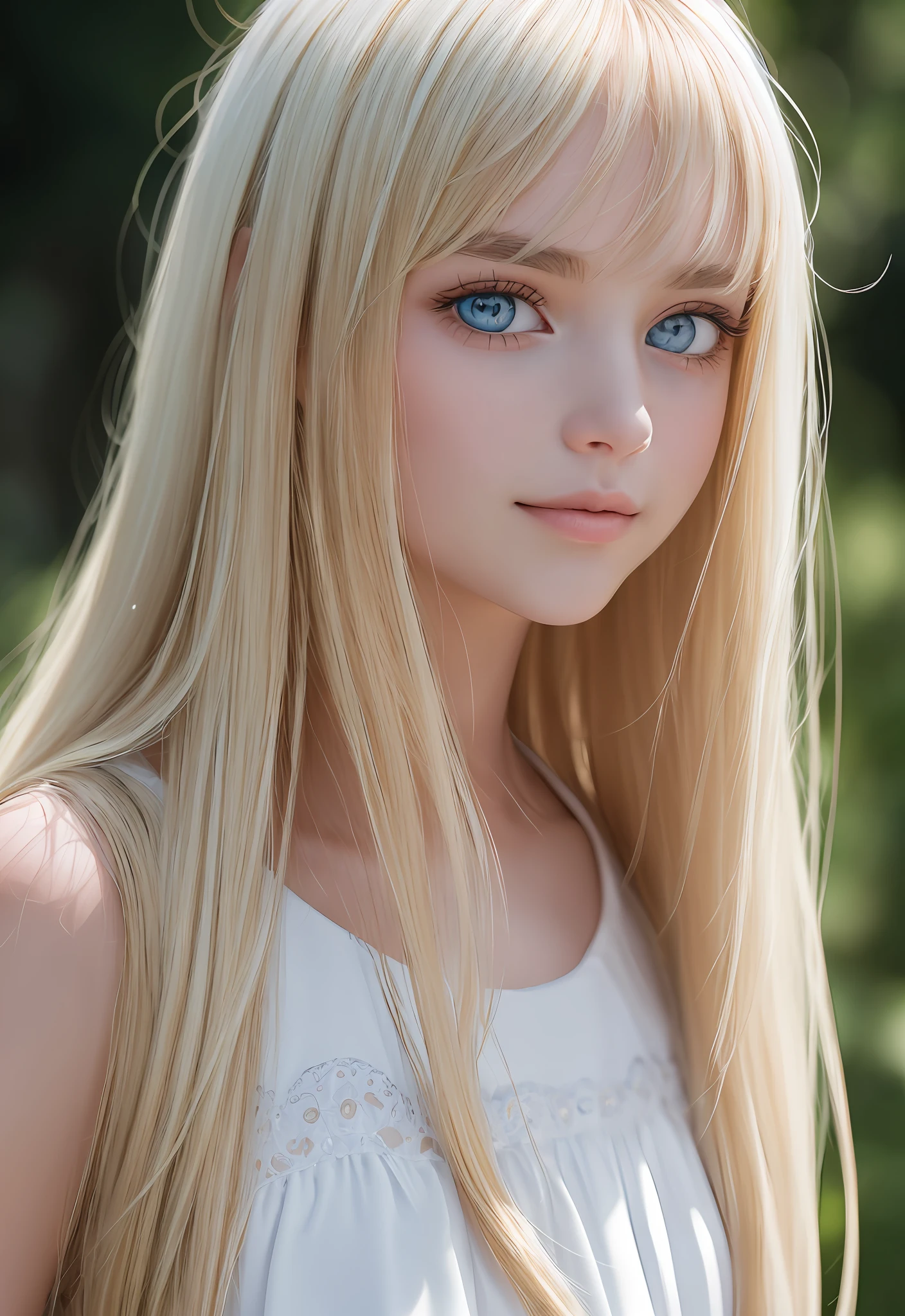 RAW photos, (((Portrait of extreme beauty))), shiny cheeks shiny skin, (((Radiant white beautiful skin)), 1 girl, 18 years old pretty beautiful girl in Prague, (Lustrous bright blonde hair))), [Attractive shiny big blue eyes], Shining silky fine hair, Straight super long hair - , eyeliner, beautiful bangs, hair between eyes, smile, ((masterpiece, top quality, super detail, Film light, intricate detail, high resolution, 8k, very detail)), detailed background, 8k uhd, dslr, soft light, high quality, film grain, fujifilm xt3, shallow depth of field, natural light, (perfect hand), perfect beautiful face,