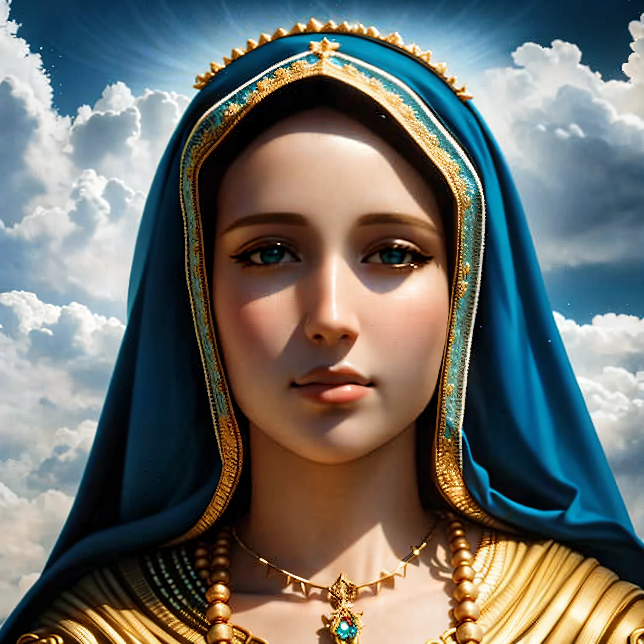 realistic image of our lady, wearing a tunic and a blue and gold veil, Queen of Heaven, Portrait of the Virgin Mary, Magestinous Holy Woman, Virgin Mary, 3D Portrait, Detailed Portrait of Madonna, An Impressive Portrait of a Goddess, Catholic Religious Art, Portrait of Religious Masterpiece,