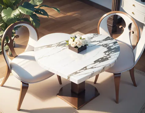 Modern background, heart-shaped marble dining table, two white chairs, product image