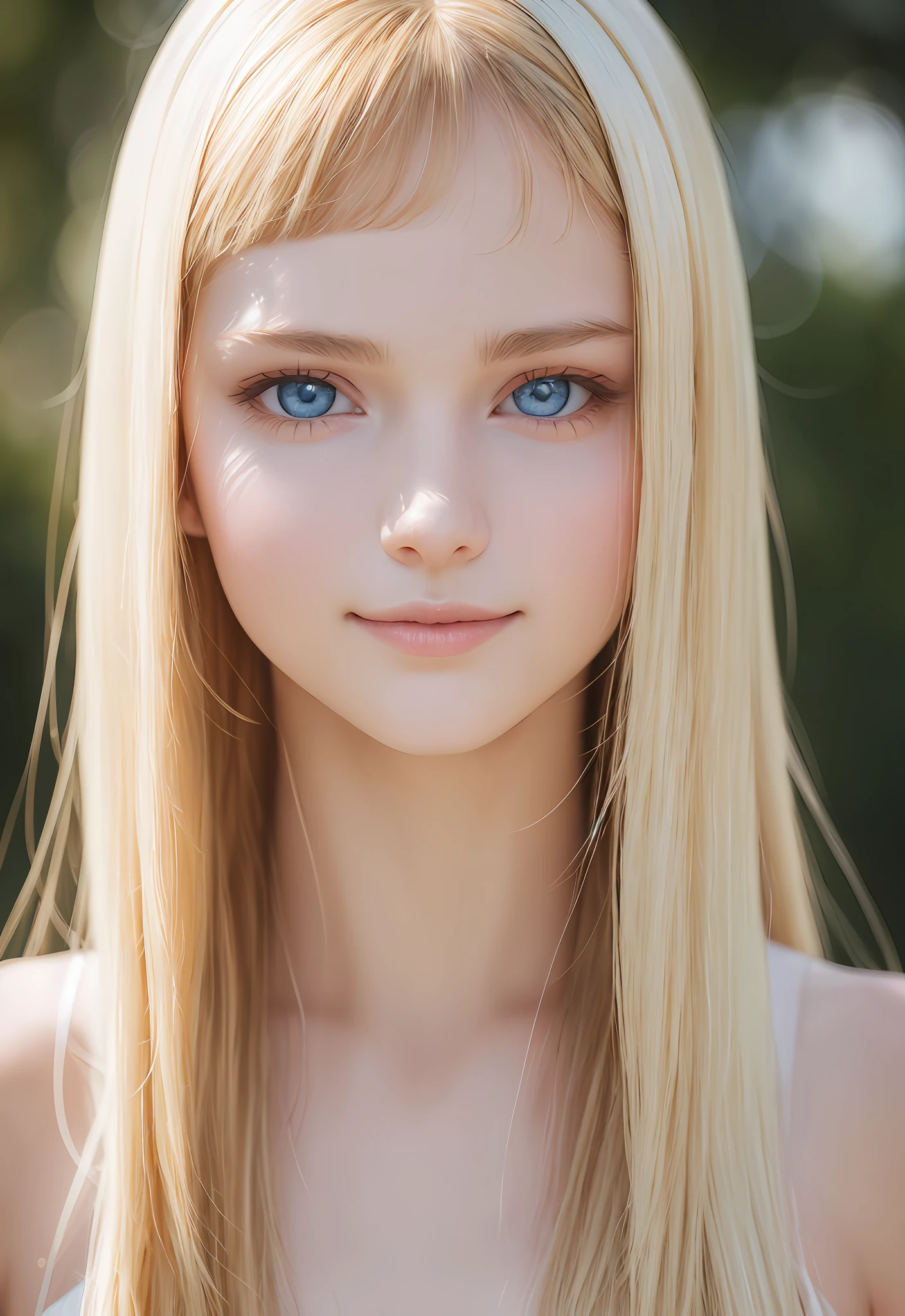 RAW photos, ((Portrait of extreme beauty))), shiny cheeks shiny skin, (((Radiant white beautiful skin)), 1 girl, 15 years old pretty beautiful girl in Prague, (glossy bright blonde hair))), [Attractive shiny big blue eyes], shining silky fine hair, straight super long hair - , eyeliner, beautiful bangs, hair between eyes, smile, ((masterpiece, top quality, super detailed, Film light, intricate detail, high resolution, 8k, very detail)), detailed background, 8k uhd, dslr, soft light, high quality, film grain, fujifilm xt3, shallow depth of field, natural light, (perfect hand), perfect beautiful face,