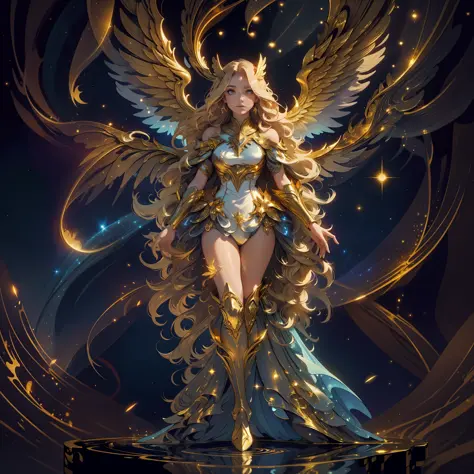 A woman with long, golden hair, with majestic wings on her back, is standing in a nocturnal landscape illuminated by a soft ligh...