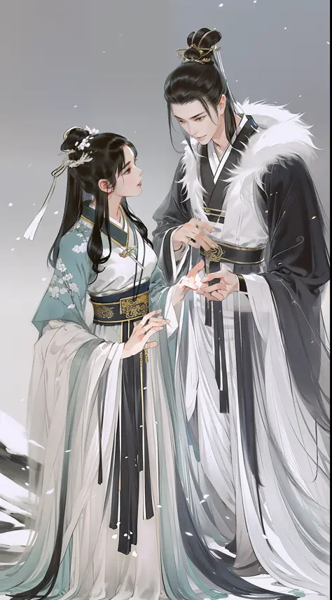 An ancient Chinese boy and girl, full body portrait, looking at each other, gentle eyes, clear facial features, wearing Hanfu, b...