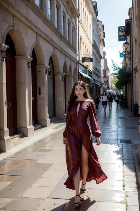 "((masterpiece)), best quality, sensual Victorian dress, happy and elegant Lauren Jauregui walking through a vibrant city, wide ...