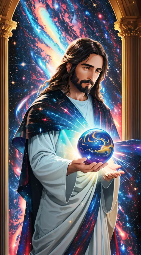(Jesus Christ, (creator of galaxies + galaxies in the background:1.2), (Planet Earth:0.8)) with the world in the palm of his hands.