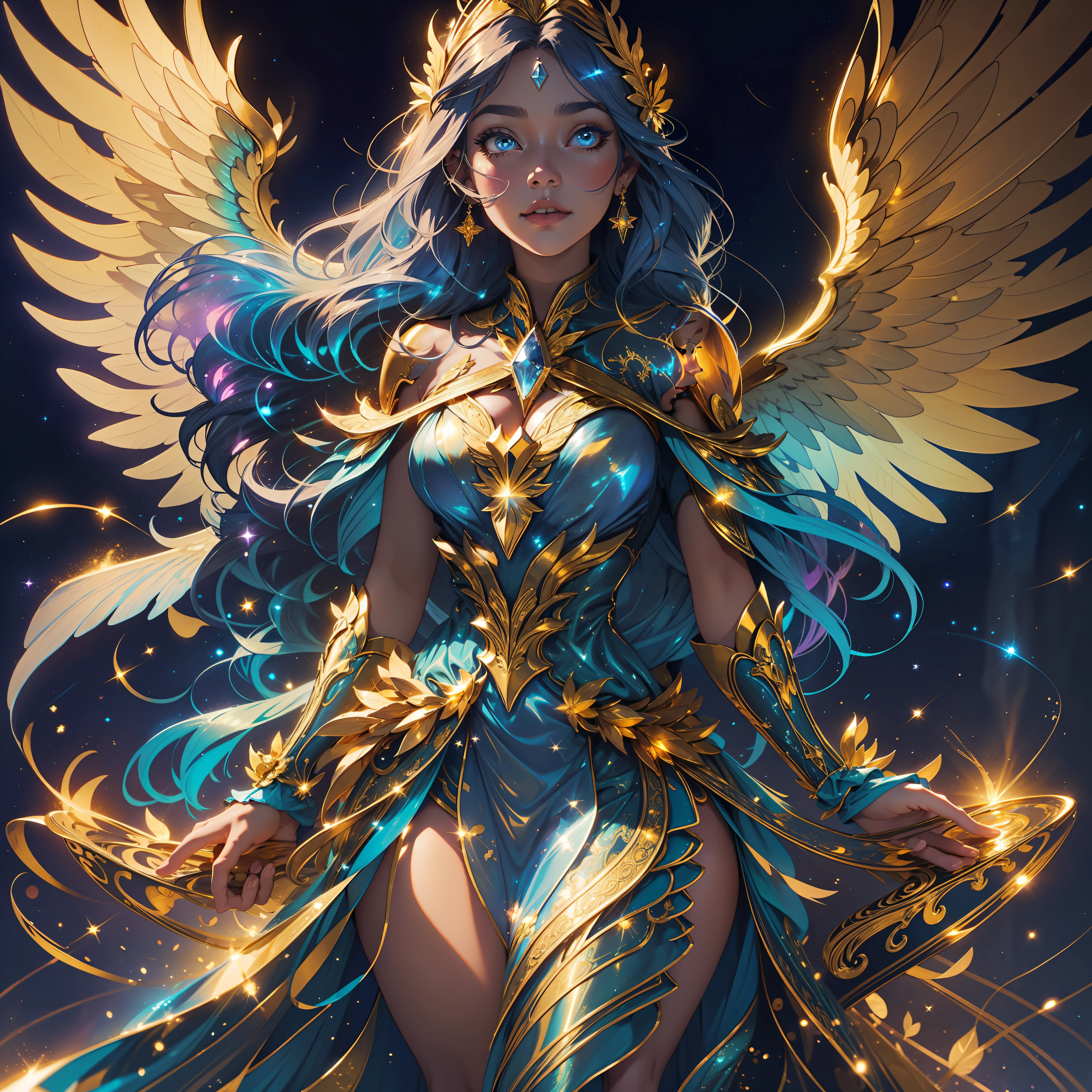 An angel woman is standing in a night setting, shrouded in a magical aura. Their long, golden hair glows with soft blue reflections, and their majestic wings have a golden sheen with bluish nuances. She is wearing a flowing dress in shades of dark blue, adorned with golden details that glow in the starlight.