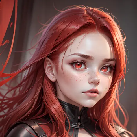 EO o' Lykos from Red Rising, Chloe Grace Moretz with red colored eyes, irish with cute freckles. Zoomed in, close up. fire red eyes, tilt head, longer hair down to her waist, glowing flowing long red hair, glowing, long Victorian era red gown and red corse...