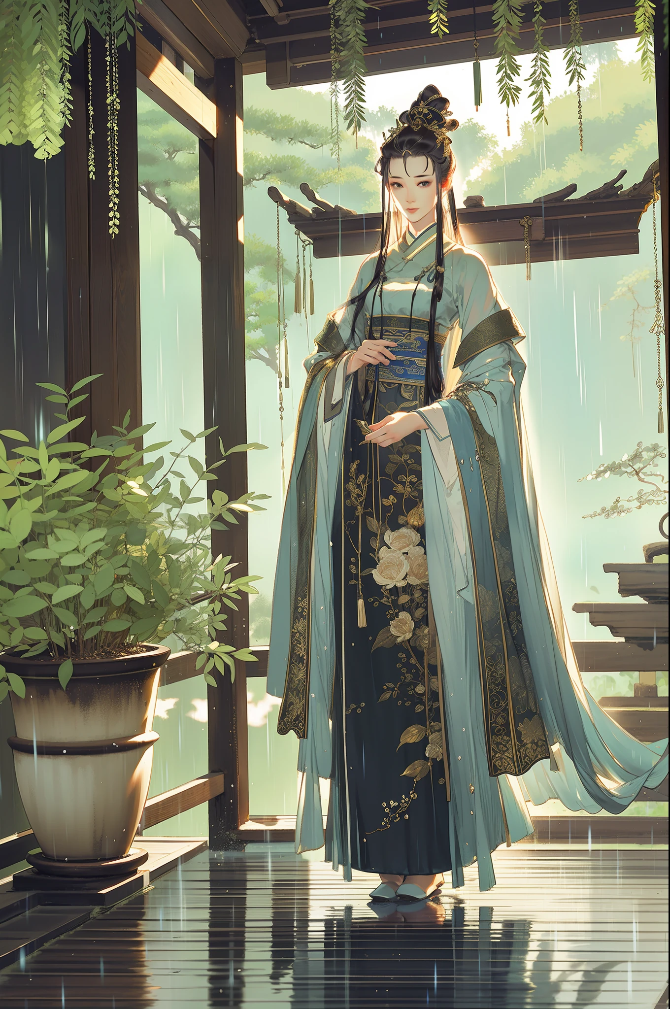 中國古代美女, 全身, 站在屋簷下, 氣質端莊, 飄逸的長裙, 清晰的臉, 憂鬱的眼神, 下雨天, 電影邊緣光, 細膩的光線, 傑作, 史詩作品, 超高清, 最好的品質, 32k