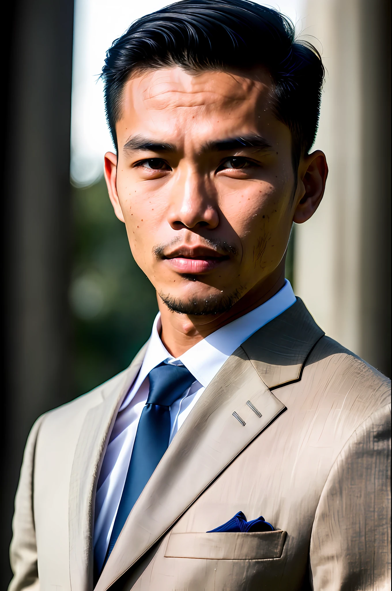 Arafed asian man in a suit and tie standing in front of a building - SeaArt  AI