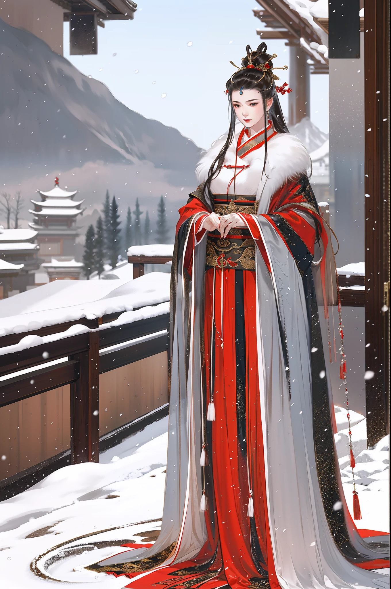 中國古代美女, 全身, 站在窗邊, 氣質端莊, 飄逸的紅色長裙, 毛茸茸的斗篷, 清晰的臉, 憂鬱的眼神, 暴雪, 電影邊緣光, 細膩的光線, 傑作, 史詩作品, 超高清, 最好的品質, 32k