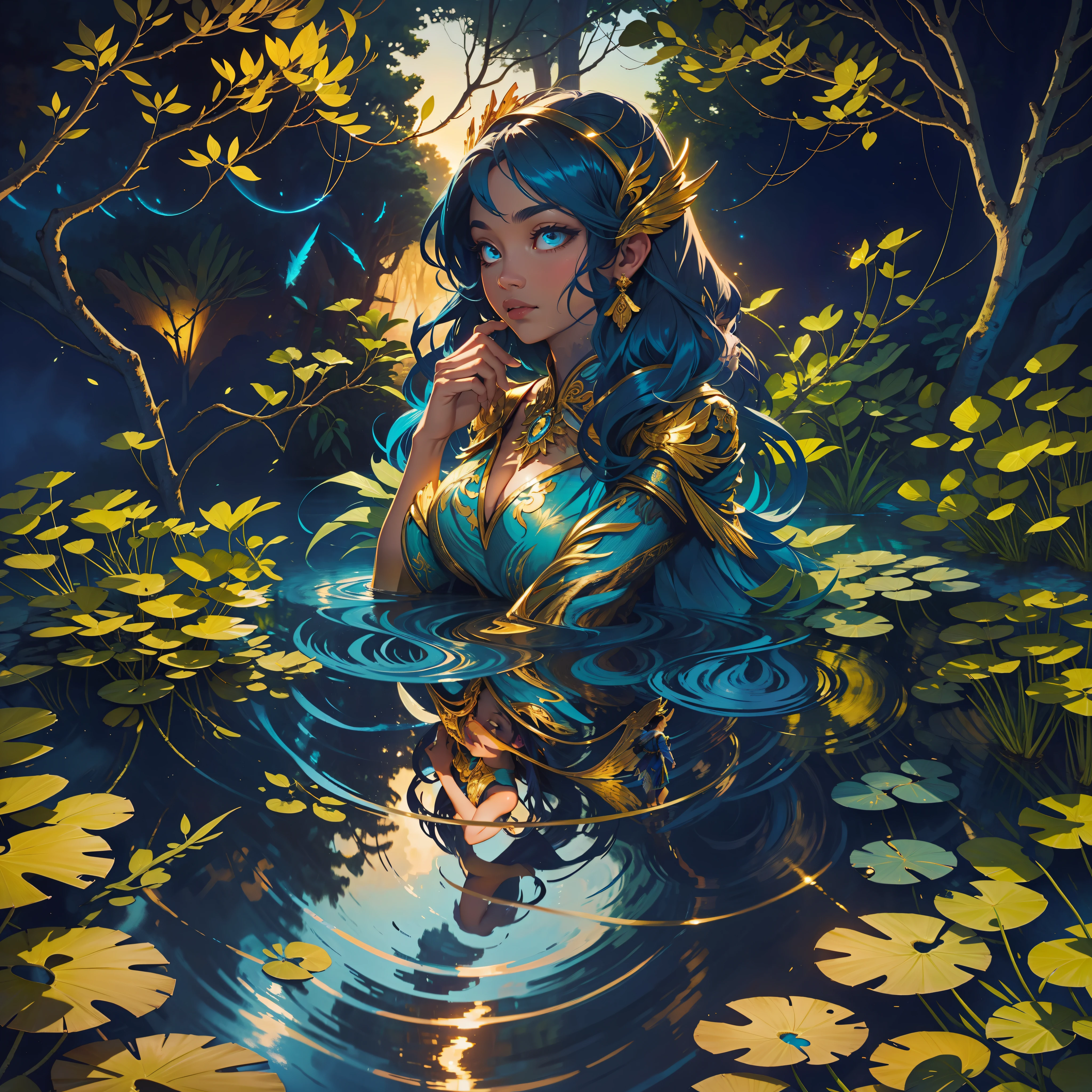 An angel woman hovers over a serene lake at dusk. The water reflects deep blue and gold tones, while the surrounding trees are framed by lush vegetation. Its dark wings glow with a soft golden hue,