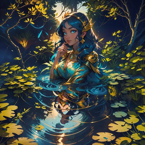 an angel woman hovers over a serene lake at dusk. the water reflects deep blue and gold tones, while the surrounding trees are f...