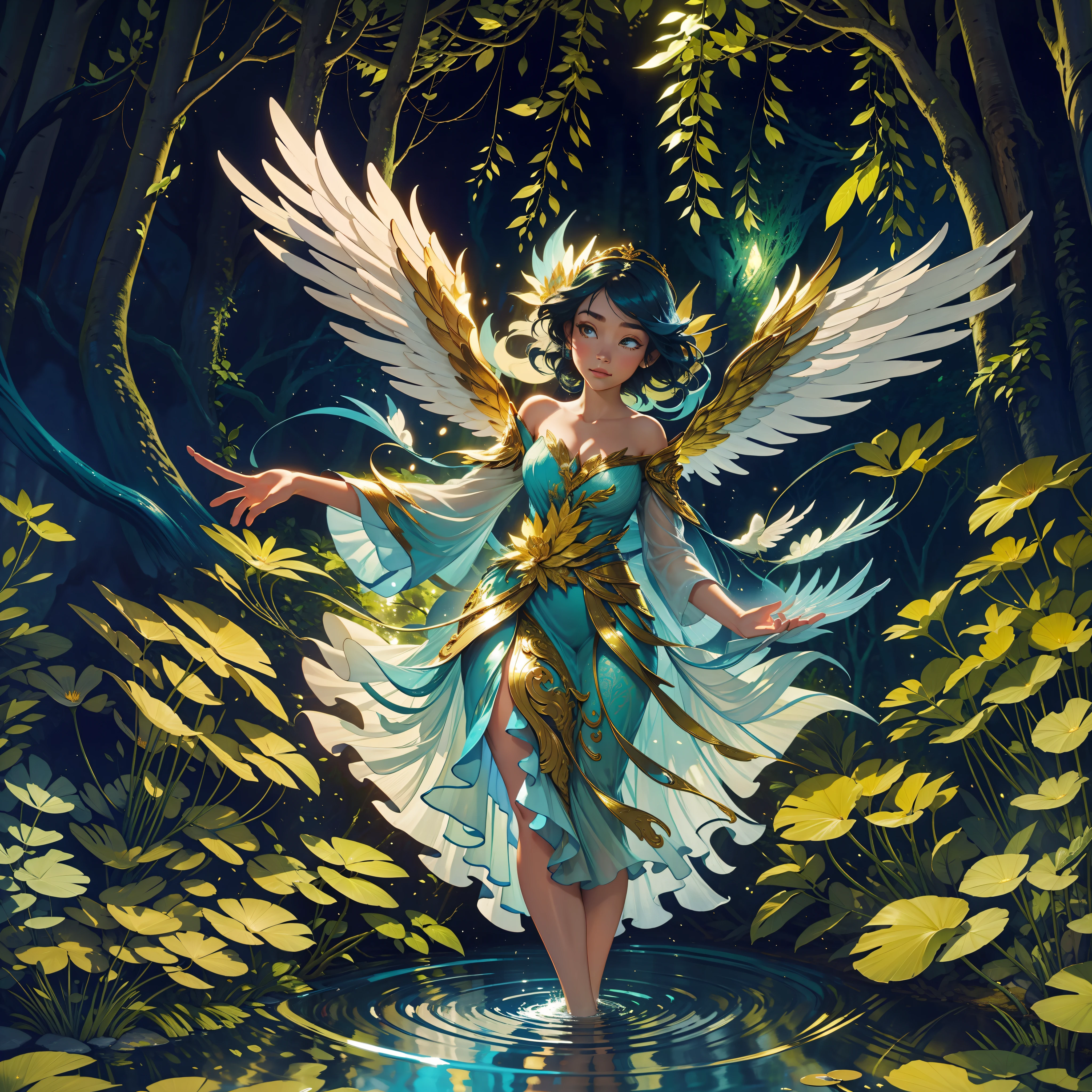 The image depicts an angel woman falling gracefully down a stream into an enchanted forest. The flowing water has a golden blue glow, and the tall trees form a verdant canopy above it. Its dark wings with touches of gold reflect the soft light filtered through the treetops. Their delicate presence brings a sense of peace and protection to the forest environment.