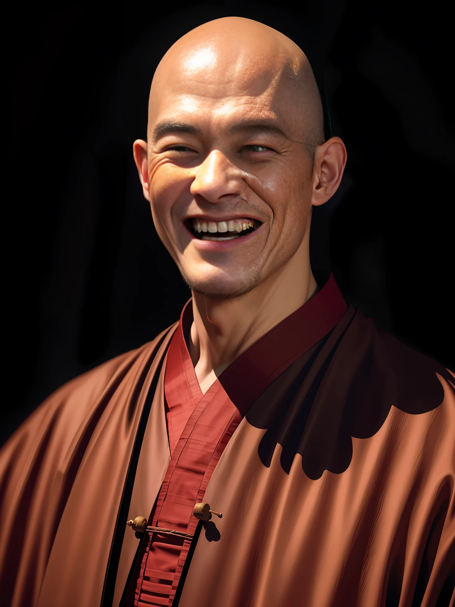 fusionart ,,fashi 1man, ancient china monk laughing, strong, bald, dramatic impressive expression, dramatic linear delicacy, in dark, deep shadow, low key, cold light