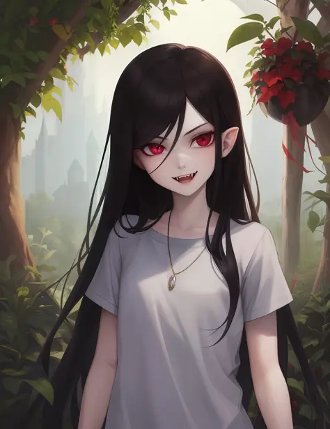 beautiful, masterpiece, best quality, 1girl, marceline abadeer, black hair, clothed, clothing, fangs, grey body, grey skin, hair...