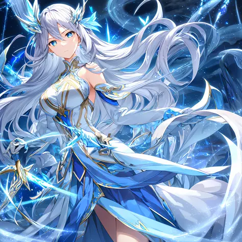 (best illumination, best shadow, masterpiece) an extremely delicate and beautiful, floating, magical atmosphere, dynamic angle, (1girl), blue eyes, long silver hair:1.1, elegant and flowing, sorceress outfit with wind element motif, fluttering ribbons, uni...