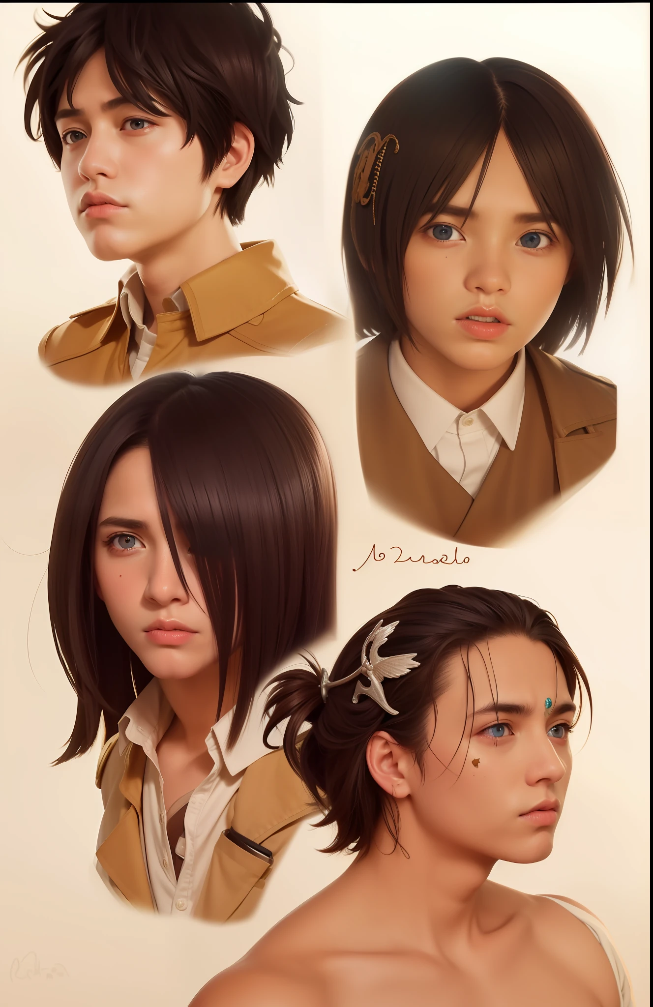 mejor calidad, obra maestra, (realista: 1.2), vida real, acción en vivo, aot, Eren Jaeger, gigachad, Chad, white skin, light skinned, blue eyes, young to old timeline, brown hair