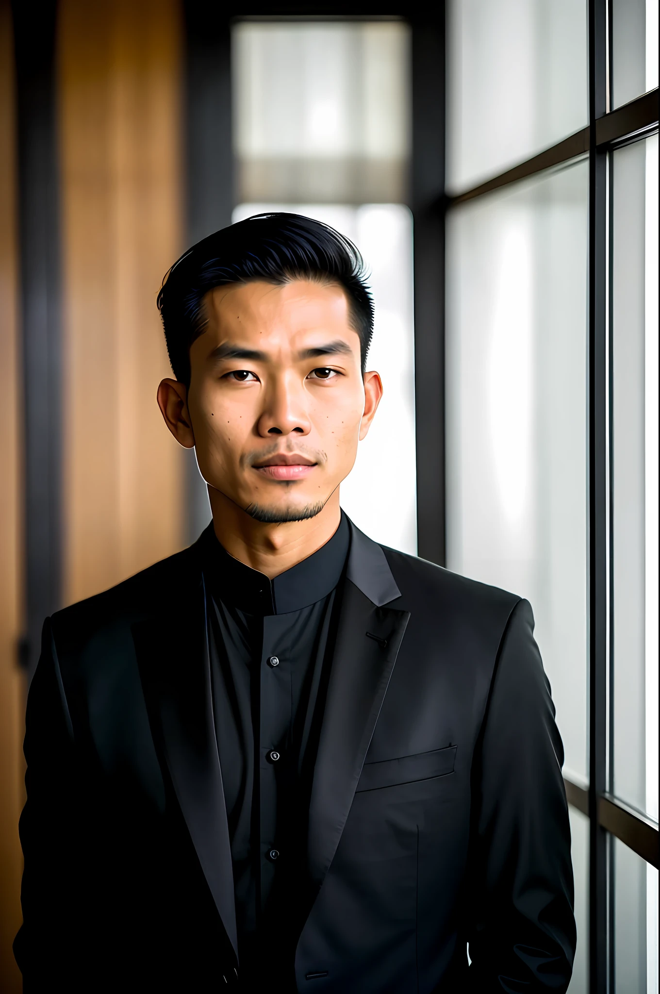 Arafed asian man in a black suit and black shirt - SeaArt AI