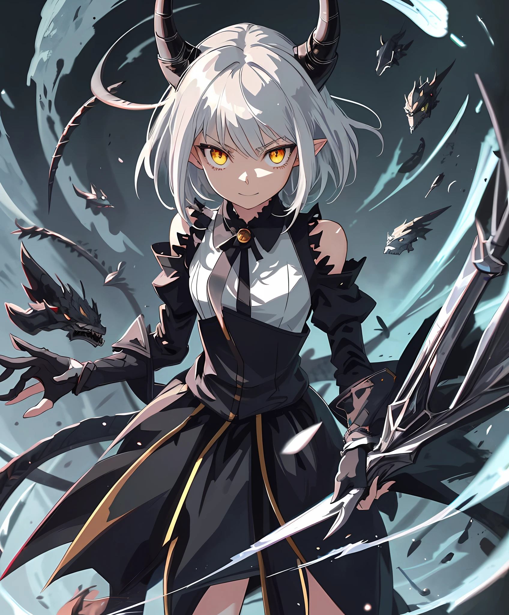 Anime girl with horns and a sword in a dark room - SeaArt AI