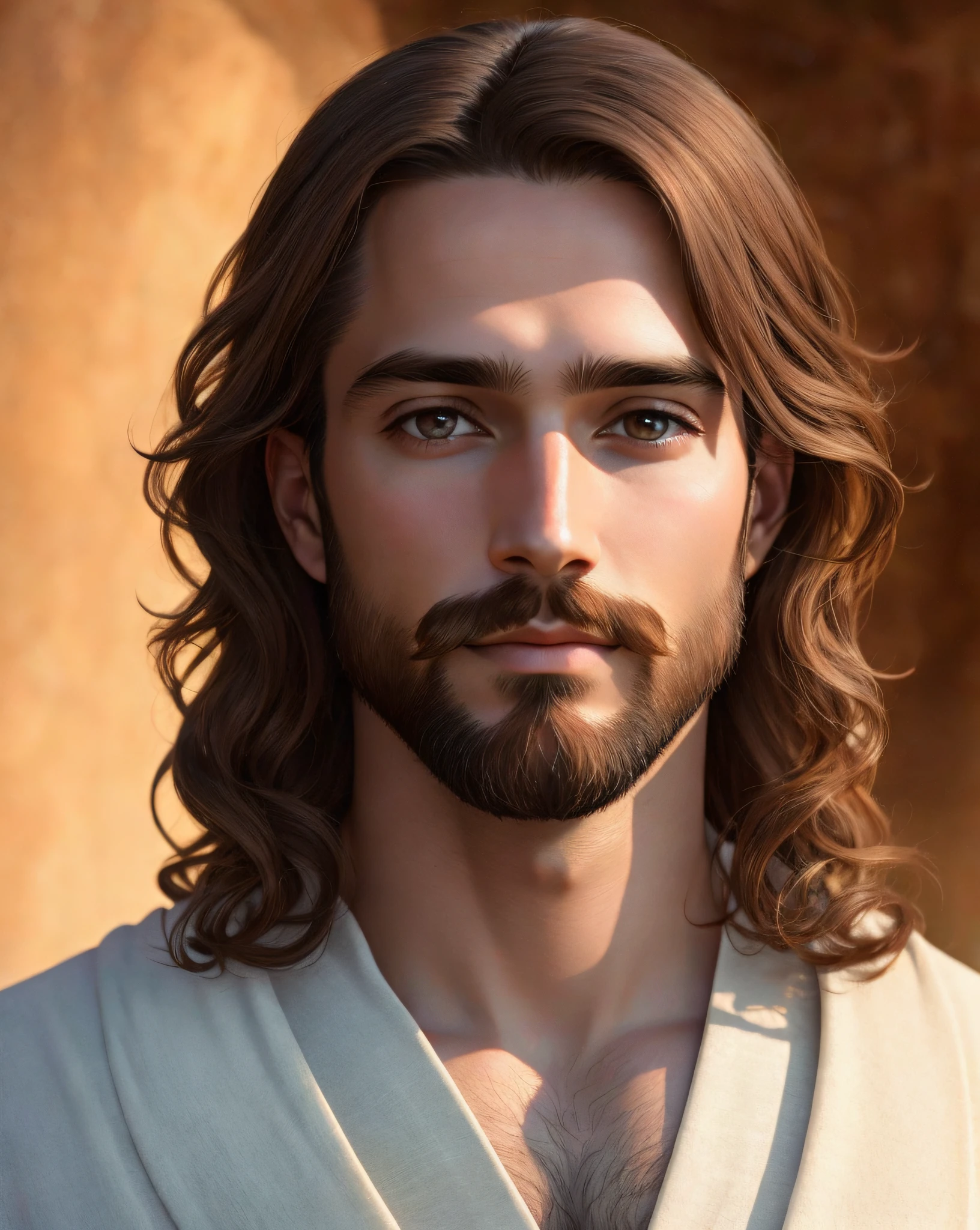 Realistic image of Jesus Christ, long hair, serene eyes, light brown beard and mustache, white robes