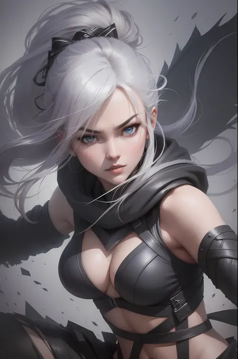 Create an image of Akali, the dark ninja from the game League of Legends, in the ultra-realistic photographic style. Portray her in a dynamic pose that enhances her agility and dexterity. Emphasize her silver hair and expressive eyes, capturing her mysteri...
