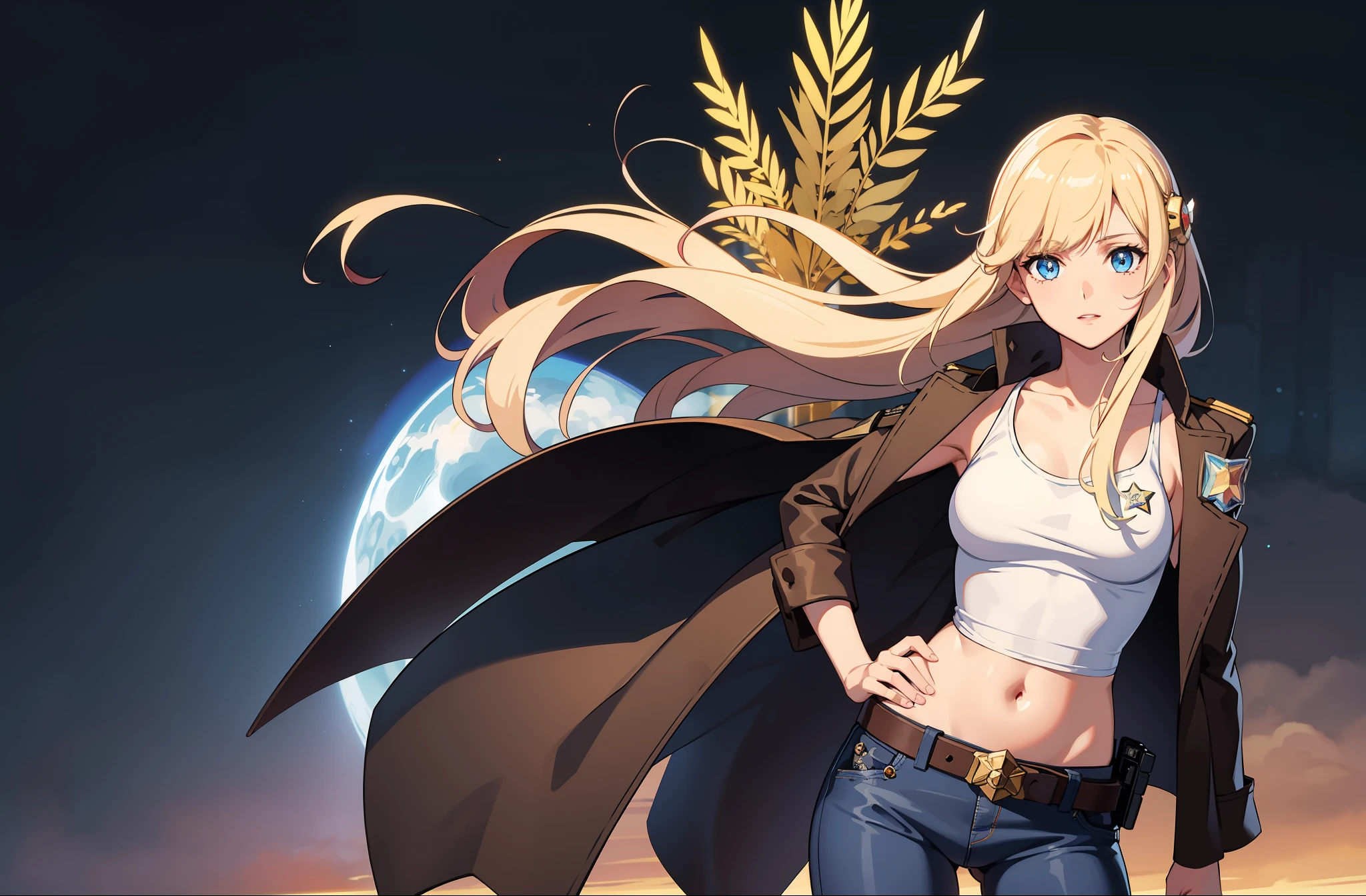 1 girl, masterpiece, macross delta splash art,  best quality, white tank top, midriff, short blue jeans, small breasts, cowboy hat, gun holster on hip, highly detailed gun, realistic gun, Colt Peacemaker in hand, gun aimed forward, sheriff badge, bullets on belt, brown leather duster, leather overcoat, detailed eyes, sparkling eyes, beautiful hands, highly detailed hands, straight hands, shiny skin, shiny hair, blue eyes, light blonde hair, tall, long hair, straight hair, full body, American flag