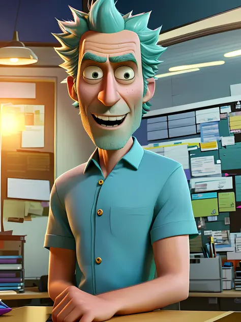 pixarstyle a waist-high portrait of the character Rick Sanchez from Rick and Morty in an office shirt, smile, office, natural sk...