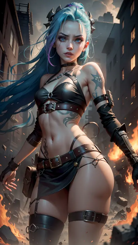 ((Best quality)), ((masterpiece)), (highly detailed:1.3), 3D, arcane style,In the dark and gritty dystopian city Piltover, plagued by violence and divided into two opposing factions, a young prodigy named Jinx emerges. Having endured unimaginable loss and ...
