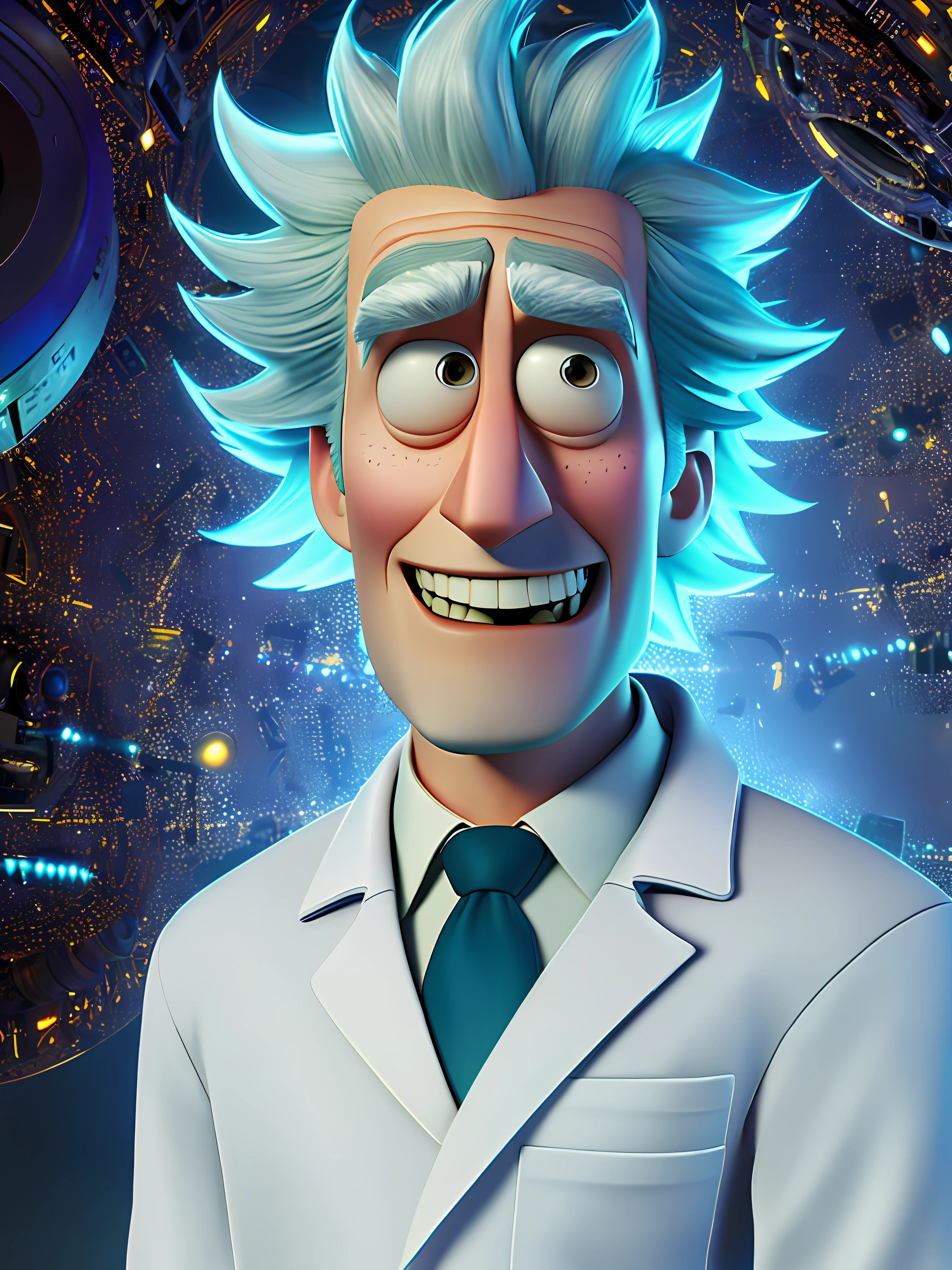 Pixarstyle портрет по пояс персонажа Рика Санчеса из «Рика и Морти» в белом лабораторном халате, улыбка, офис, Естественная текстура кожи, 4к текстуры, HDR, сложный, очень подробный, острый фокус, кинематографический визуальный эффект, сверхдетализированный