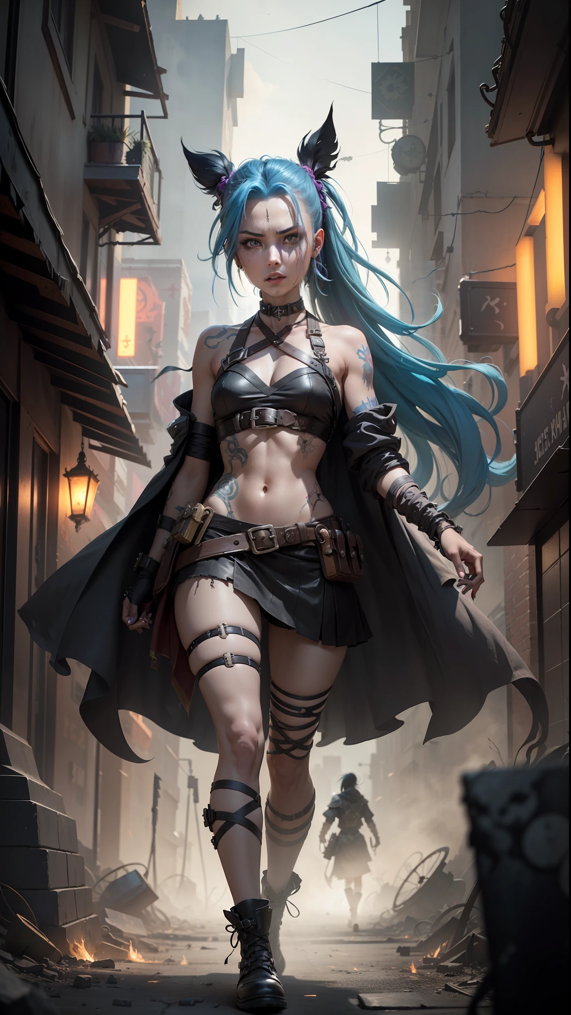 ((Best quality)), ((masterpiece)), (highly detailed:1.3), 3D, arcane style,In the dark and gritty dystopian city Piltover, plagued by violence and divided into two opposing factions, a young prodigy named Jinx emerges. Having endured unimaginable loss and abandonment, she has embraced a life of chaos and destruction. Known for her inventive and explosive abilities, Jinx becomes an icon of rebellion against the oppressive forces controlling the city. However, haunted by guilt and battling inner demons, she must confront her past and decide whether to continue down the path of anarchy or seek redemption amidst the turmoil. Explore the journey of Jinx as she navigates a treacherous world, fighting for survival, unraveling secrets, and discovering the true meaning of her twisted existencechaos reigns supreme, and at the heart of it all is Jinx, the embodiment of unpredictability. Delve deep into the twisted mind of Jinx, exploring the origins of her madness and the driving force behind her destructive nature. Unveil the moments that shaped her into the deranged and iconic character we know. Take us on a wild journey through the vibrant streets of Piltover and the grim underbelly of Zaun as Jinx wreaks havoc with her explosive arsenal. Can redemption ever find its way into Jinx's fractured soul? Or will she forever dance on the edge of sanity, embracing the chaos that fuels her very existence? The fate of Arcane hangs in the balance as Jinx's path intertwines with unlikely allies and formidable foes. Ignite your imagination and paint a vivid portrait of Jinx's twisted psyche, capturing the essence of her madness and the untamed spirit that defines her,HDR (High Dynamic Range),Ray Tracing,NVIDIA RTX,Super-Resolution,Unreal 5,Subsurface scattering,PBR Texturing,Post-processing,Anisotropic Filtering,Depth-of-field,Maximum clarity and sharpness,Multi-layered textures,Albedo and Specular maps,Surface shading,Accurate simulation of light-material interaction,Perfect proportion